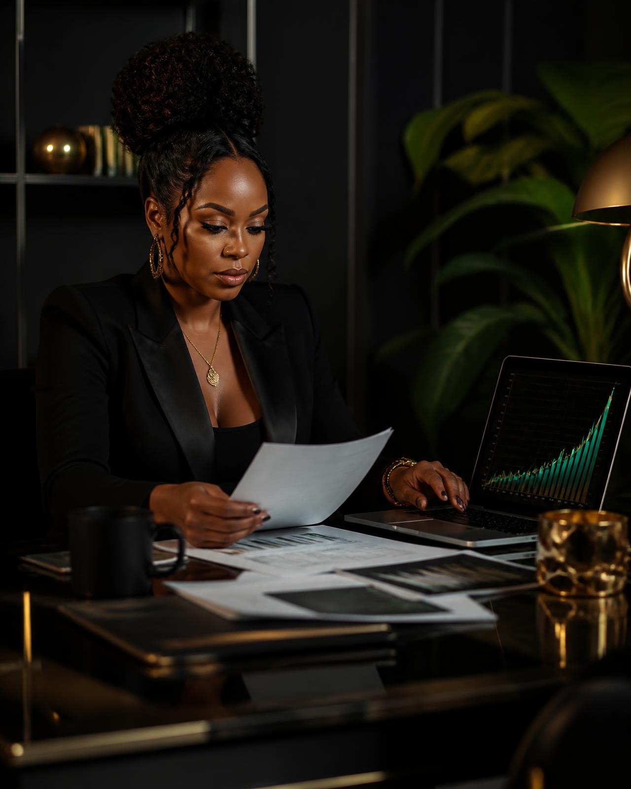 Business owner reviewing funding documents and Q4 growth numbers